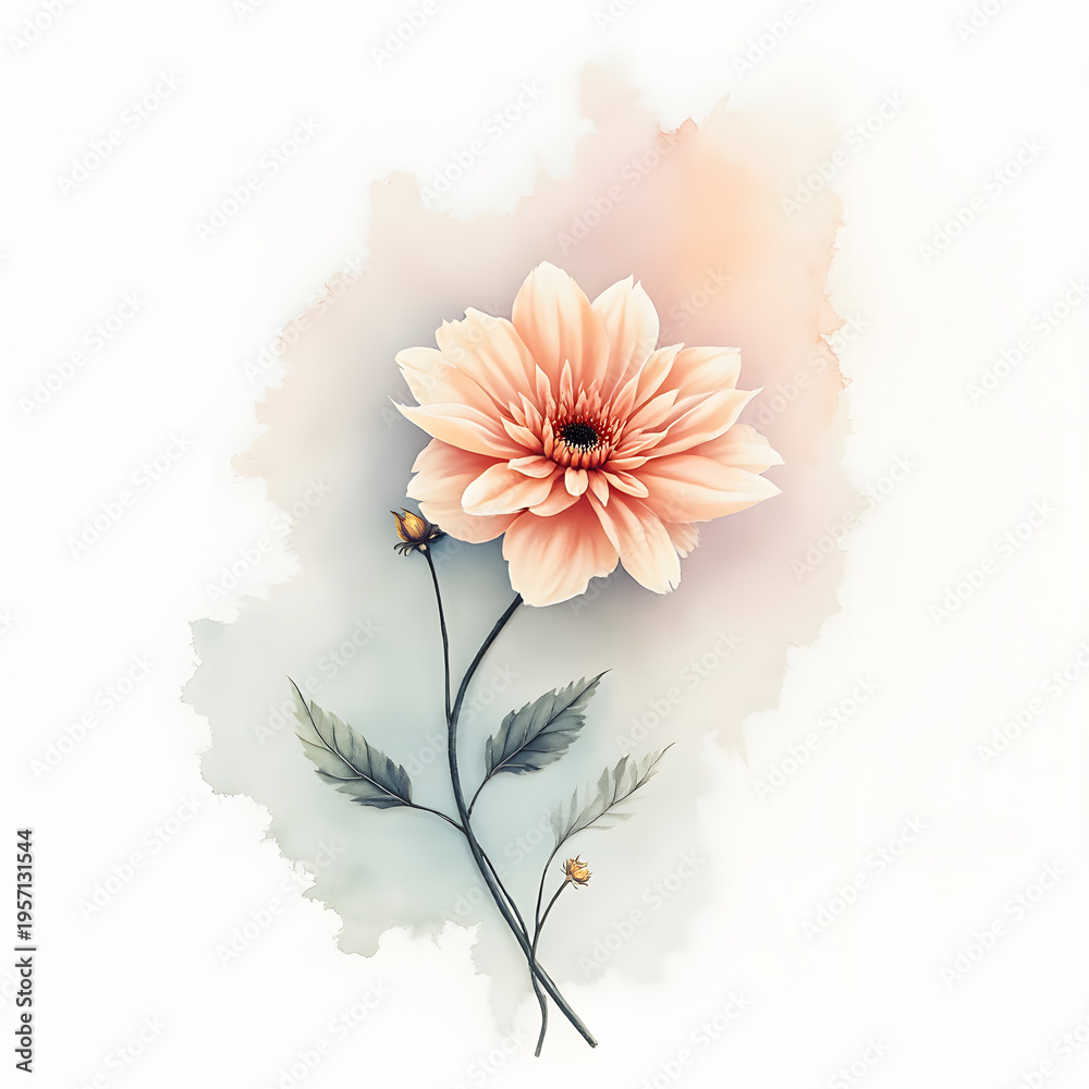 Fototapeta premium peach flower with green stem and leaves on watercolor background