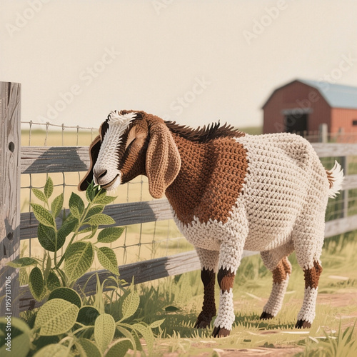 brown and white goat with long floppy ears stands nibbling a leafy plant beside weathered wooden and wire fence, on grassy farm ground with a red barn in soft blurred distant background.