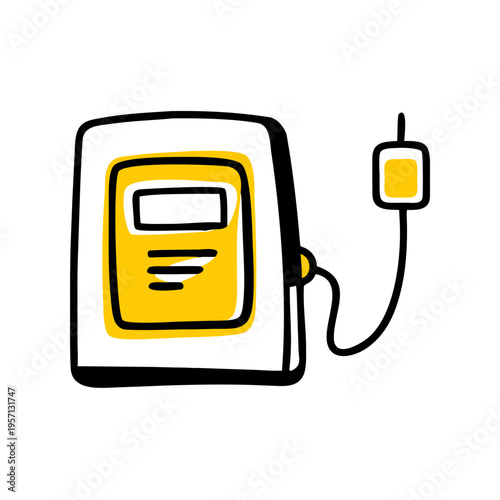 Digital illustration of a gas pump icon and nozzle symbol with a fuel station sign representing electric energy power and mobile web technology