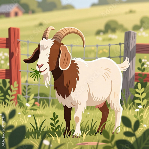 brown and white goat with floppy ears stands beside a weathered wooden wire fence, chewing leafy stems, whilst a red barn sits blurred against pale sky in the distance.