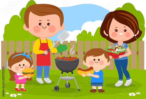 Family barbecue picnic party with bbq grill, mother with bowl of salad, dad with cooking apron cooking food. Flaming roasted hot grill and children eating hot dogs and burgers in the backyard. 