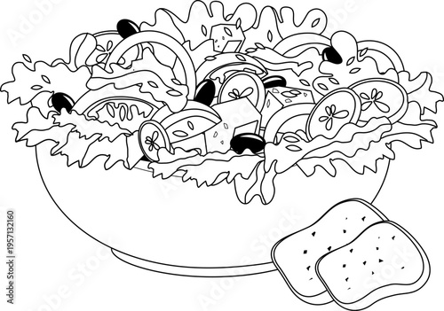 Bowl of fresh Greek salad. Healthy vegetable salad food with lettuce, tomato, feta cheese and olives. Vector black and white coloring page