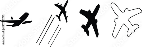 Four distinct black and white illustrations of airplanes are depicted,  showcasing perspective from a side view to an overhead view, including one with motion lines an another as an outline.