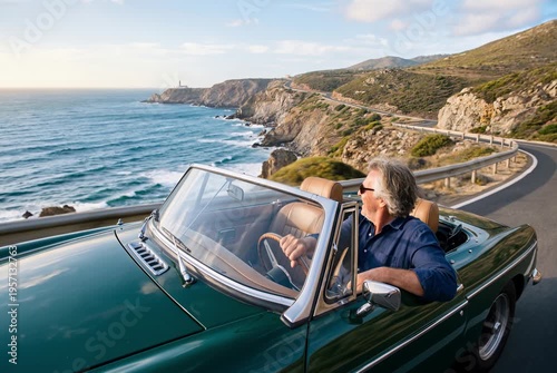 Happy senior man driving classic convertible along coast