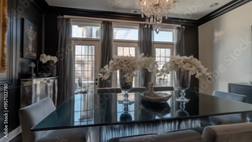 Elegant dining room interior with painting and decorative elements