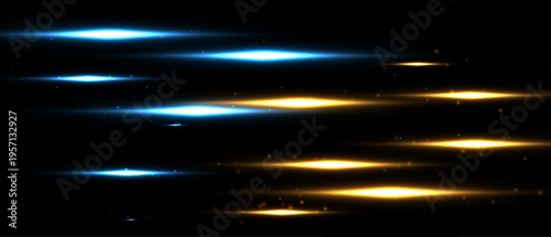 Neon blue and gold light flares with sparkling dust and glowing trails on solid black background, creating a dramatic futuristic effect. Perfect for games, tech, and motion visuals.