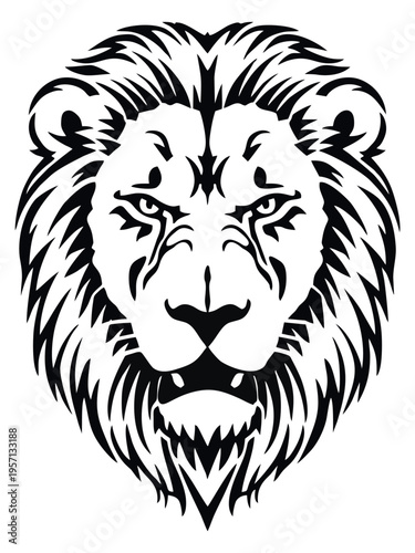 Black and White Illustration of a Fierce Lion Head Tribe