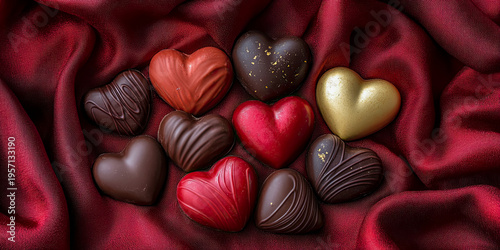 Elegant collection of gourmet heart-shaped chocolates, featuring rich dark, milk, red, and golden bonbons, beautifully arranged on luxurious deep red silk, symbolizing love and passion.