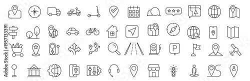 Transportation and Vehicle Icon Set – Line Art Vector Symbols of Travel, Transit, and Public Transport