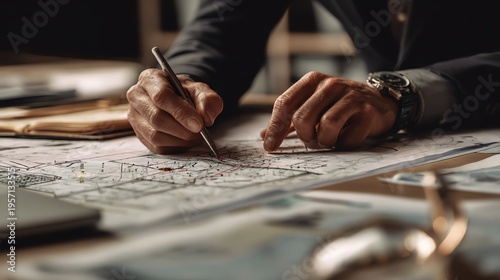 A close-up view of a professional's hands as they analyze and annotate a detailed map with a pen, symbolizing planning, strategy, and precision in the business environment.