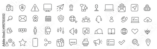 Set of communication and interface line icons. Includes chat, email, location, security, user, phone, cloud, settings, search and media symbols. Perfect for UI UX design, mobile apps, websites and dig