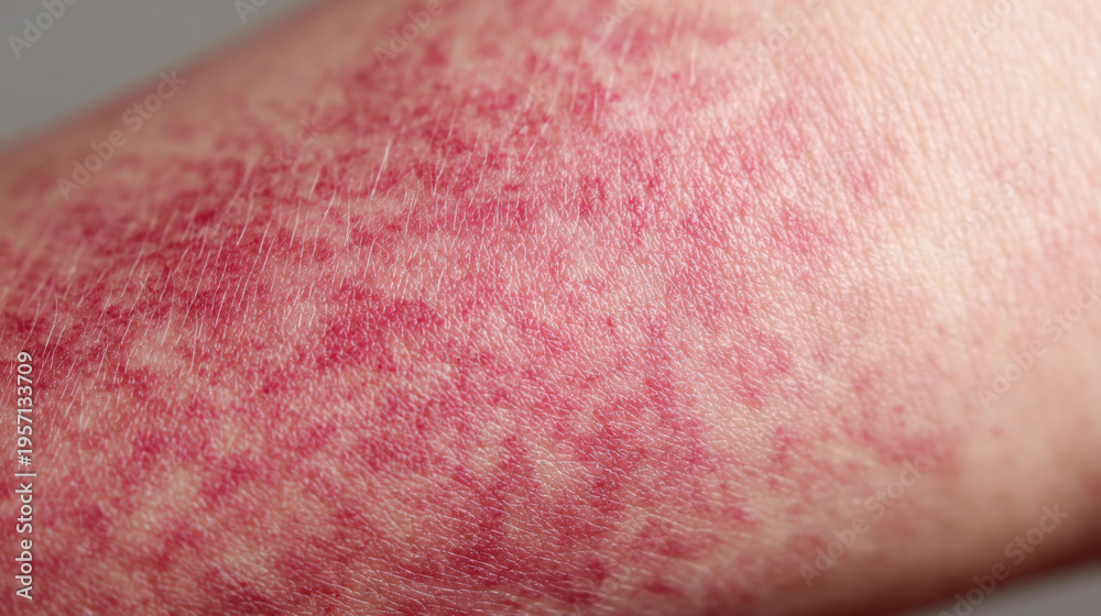 Fototapeta premium Close-up of widespread red rash across skin surface with uneven tone and visible irritation indicating allergic reaction or severe skin sensitivity