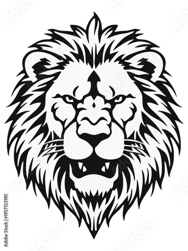 Black and White Illustration of a Fierce Lion Head Tribe