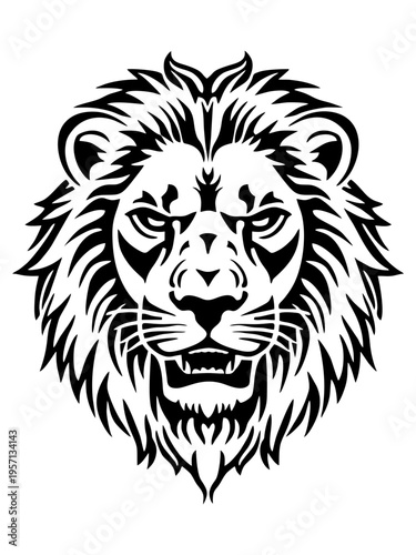 Black and White Illustration of a Fierce Lion Head Tribe