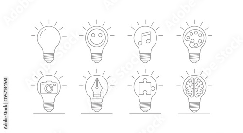 flat vector 8 Idea Lightbulb Icons isolated on White Background vector background, vector illustration