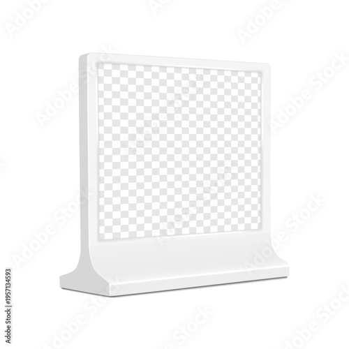 Square white blank transparent digital display stand. 3d mockup. Empty flat panel screen. Realistic vector mock-up. Tabletop e-ink nameplate. Template for design. Easy editable