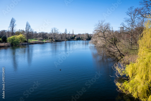 Serpentine lake in Hyde Park, a famous, historic Grade I-listed urban park in Westminster, London, England, UK