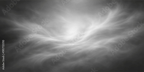 An abstract black and white background featuring a dark storm of smoke and textured clouds creates a misty motion of gray light and shadows against a night sky nature backdrop