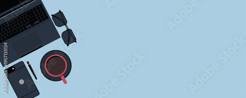 Flat Lay photography of work desk vector illustration, isolated soft blue backdrop