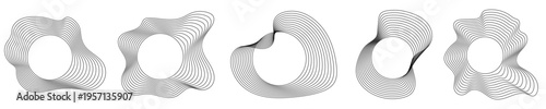 Set of abstract circular frames with topographic line contours, minimalist linear design, isolated graphic elements on white background, vector illustration