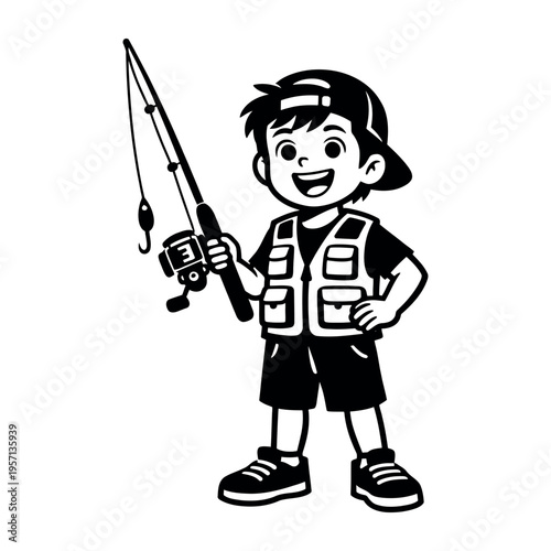 Happy little boy holding a fishing rod, dressed in fishing gear, finding joy in nature and the sport of angling