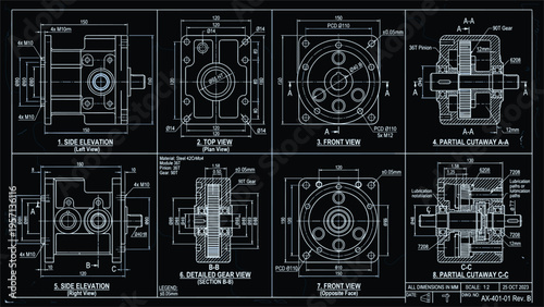 Detailed Mechanical Engineering Technical Drawings and Industrial Blueprints of Gearbox Components with Elevation and Section Cutaway Views