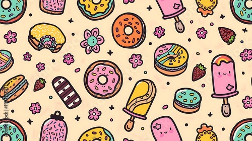 Seamless easter pattern with cute vector eggs and sweet cake ornaments featuring a floral nature design for holiday wallpaper decoration