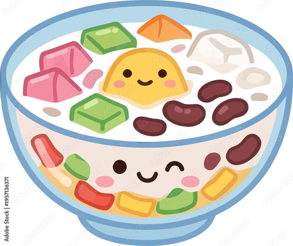 Fototapeta premium Adorable Kawaii Style Illustration of a Colorful Dessert Bowl with Toppings