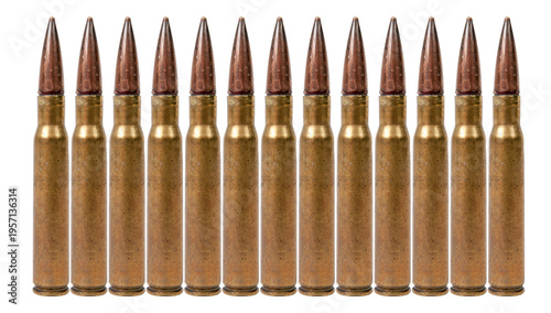 Ten rifle cartridges arranged in a straight line on a white background. Each cartridge has a pointed bullet and brass casing