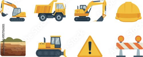 Construction machinery icons set with excavator dump truck bulldozer helmet warning sign barrier and soil layers flat vector illustration