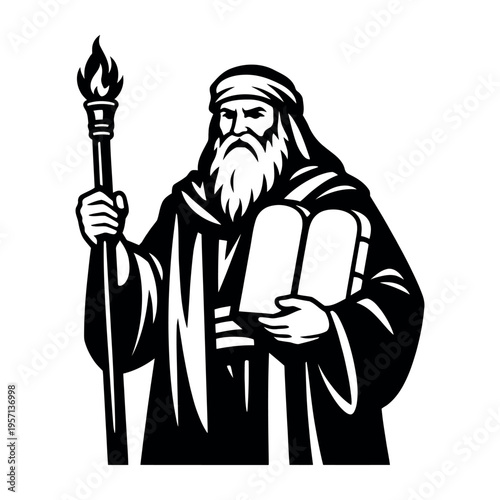 Prophet Moses holding the two tablets of the Ten Commandments and a flaming torch, representing divine law and spiritual guidance