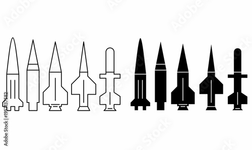 Missile or missilis and rocket icon set outline and silhouette, military weapon.illustration vector for defense, aviation, aerospace, strategy design