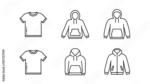 Hoodie T Shirt Line Art Icons Set Clothing Apparel Outline Vector Pack for Fashion Design