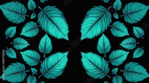 An artistic illustration featuring a symmetrical arrangement of vibrant teal leaves against a black background.