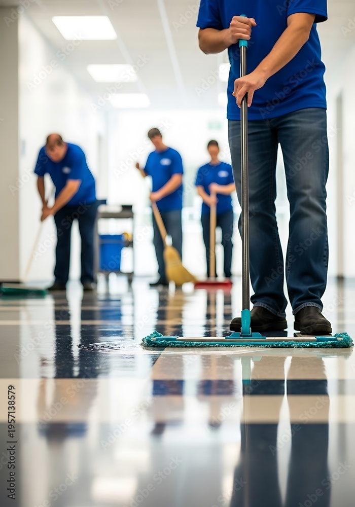 Fototapeta premium Cleaners mopping hallway floor cleaning janitorial