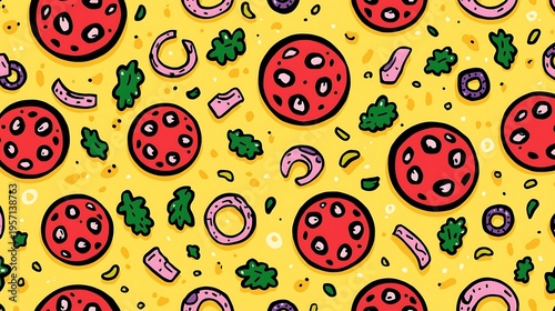 Cute seamless vector pattern set featuring a fun cartoon easter egg illustration with colorful flower and heart elements for nature themed wallpaper design