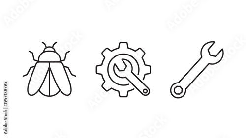 Bug Icon With Gear And Wrench, Software Debugging Development Tools Line Icon Symbol