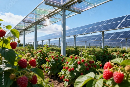 Moderne Agrivoltaik-Anlage über einem Himbeerfeld, Solarpaneele schützen Nutzpflanzen vor Hitze, nachhaltige Landwirtschaft der Zukunft
