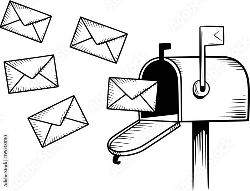 Hand drawn of a mailbox overflowing with envelopes and letters flying around postal