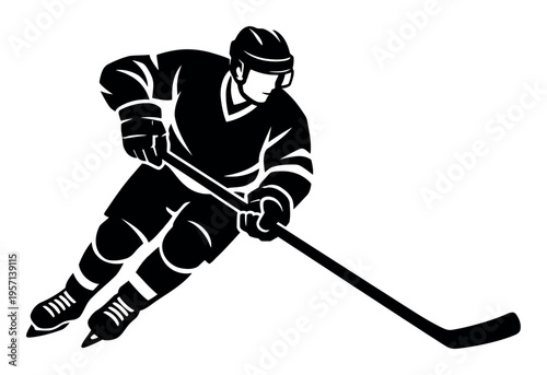 Ice hockey player with stick, helmet, and skates, actively competing in a fast-paced winter sport on ice