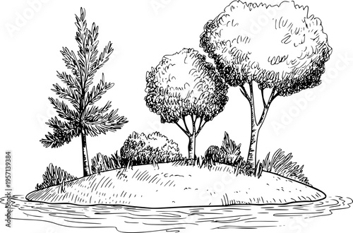 Fotografi Hand drawn of a small island with diverse trees and foliage surrounded by water