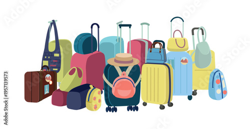 Set of colorful travel bags and suitcases arranged together, isolated on a light background.