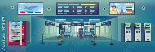 Modern airport security checkpoint interior with scanners, control gates, vending machine, and information screens, no passengers present.