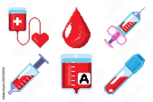 Blood donation pixel art icons set including blood bags, syringes, test tubes, and heart symbols for medical and healthcare concepts. Vector illustration.