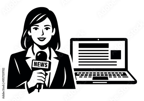 Reporter holding a microphone with NEWS text, presenting a broadcast alongside a laptop displaying web content