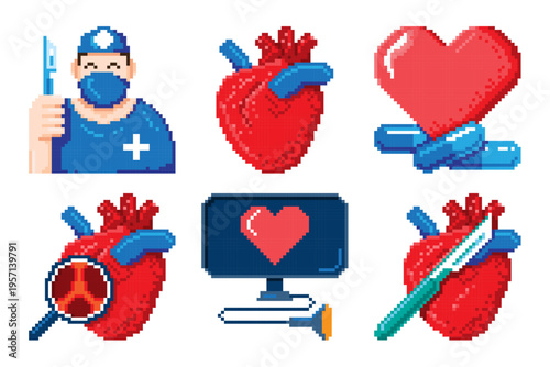 Heart surgery pixel art icons set including a surgeon, anatomical heart, scalpel, echocardiogram, and pills for cardiology concepts. Vector illustration.