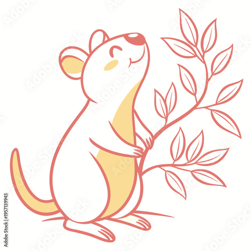 Vector illustration of a smiling mouse holding a branch with leaves