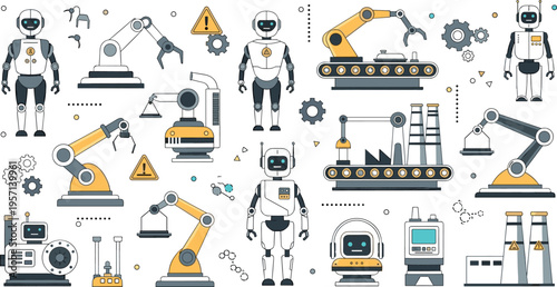 Robotics and Industrial Automation Illustration Set with Robot Arms, AI Robots, Factory Machines and Production Line Equipment