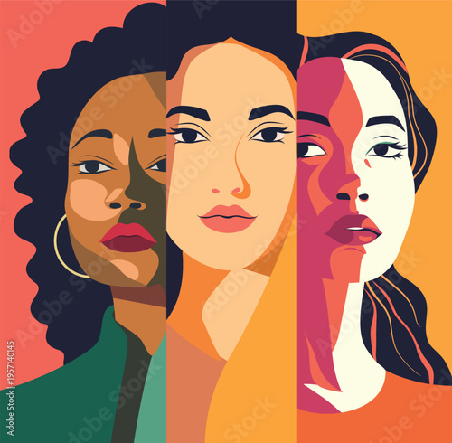 Vector flat banner for International Women's Day, women of different nationalities stand together. Vector concept of movement for gender equality and women empowerment