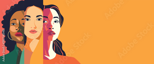 Flat horizontal vector banner for Women's Day, featuring women of different nationalities, cultures standing together. Concept is a movement for rights, freedom, gender equality, women's empowerment